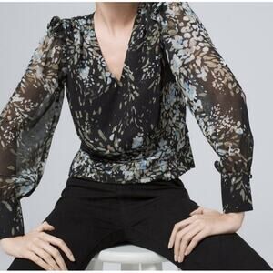 White House Black Market Top Size 10 Pleated Waist Chiffon Sleeve Abstract Artsy